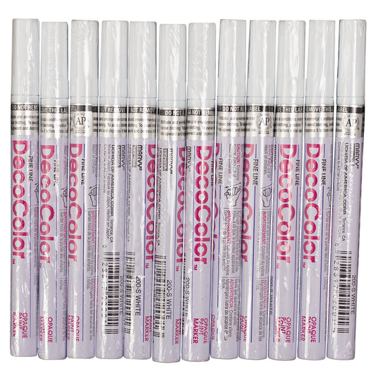 12 Pc Set White Decocolor Fine Line Point Oil Based Glossy Opaque Paint Marker Pens on Metal Stone Glass Wood for Industrial Art Auto Trade