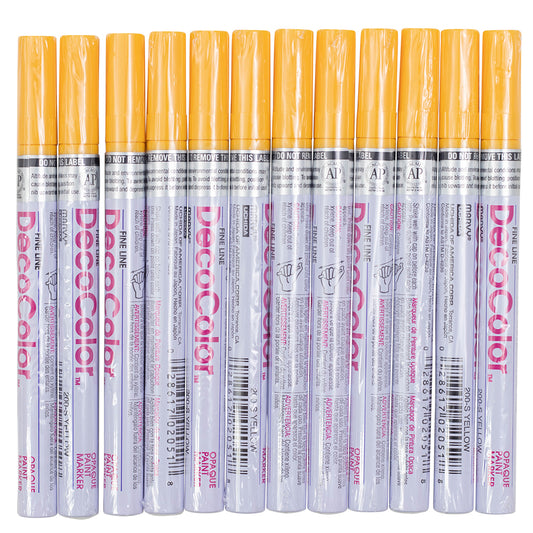 12 Pc Set Yellow Decocolor Fine Line Point Oil Based Glossy Opaque Paint Marker Pens on Metal Stone Glass Wood for Industrial Art Auto Trade