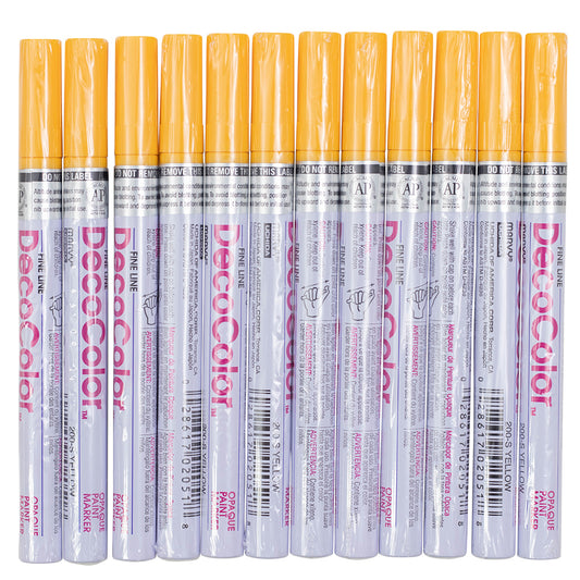 12 Pc Set Yellow Decocolor Fine Line Point Oil Based Glossy Opaque Paint Marker Pens on Metal Stone Glass Wood for Industrial Art Auto Trade