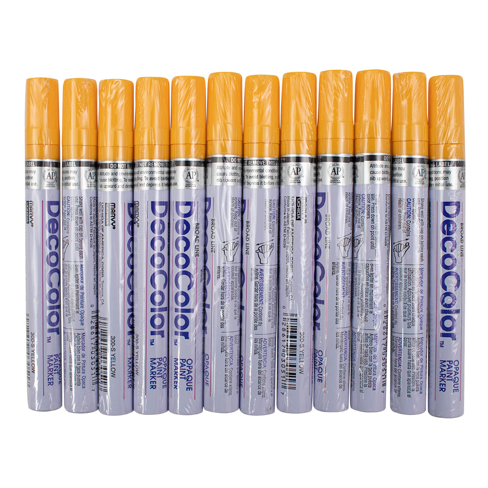 12 Pc Set Yellow Decocolor Paint Marker Pens Broad Line Point Oil Based Glossy Opaque Metal Stone Glass Wood for Industrial Art Auto Trade