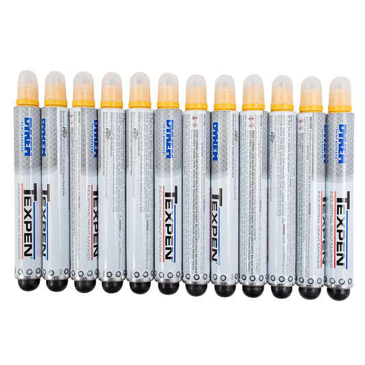 Brock 12 Pc Set Yellow Texpen Industrial Paint Marker Pens Opaque Gloss on Metal Plastic Glass Rubber Concrete for Automotive Crafts Construction