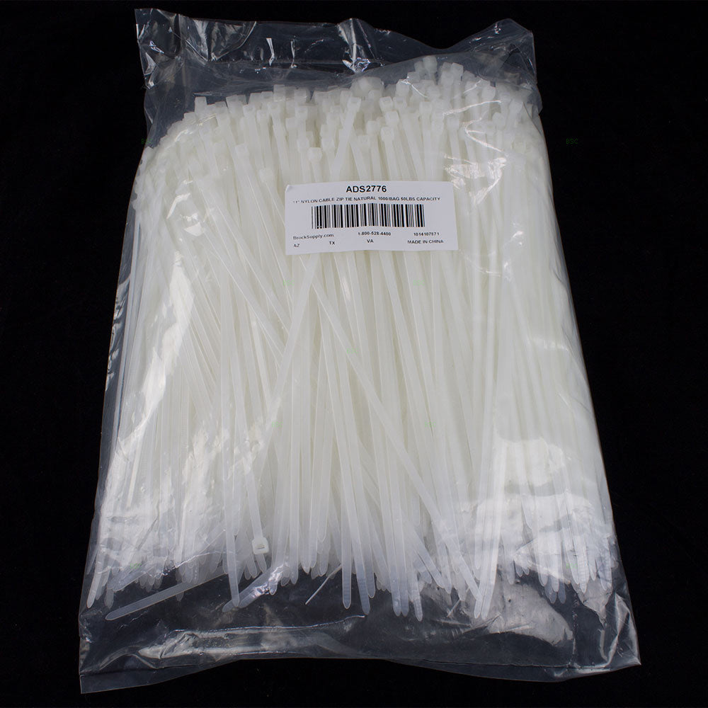1000 Pc Bag Natural White Nylon 11" Cable Zip Ties Self Locking Head UV Heat