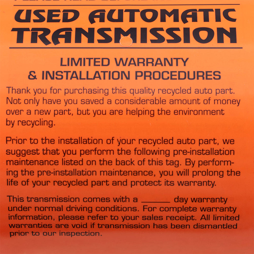 250 Pc Box "Used Automatic Transmission" Pre-Installation Tags 4" x 5 1/2" Weatherproof Polysteel Label for Auto Shop Repair Salvage Recycling