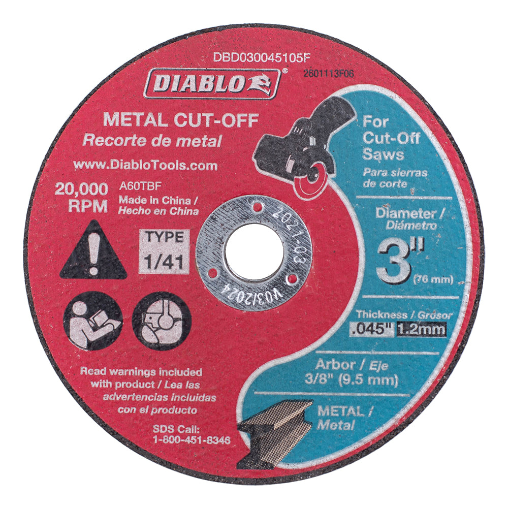 3 Inch Metal Cut Off Disc .045 Inch Thick - 3/8 Inch Arbor - 20,000 Max RPM 5 Pk