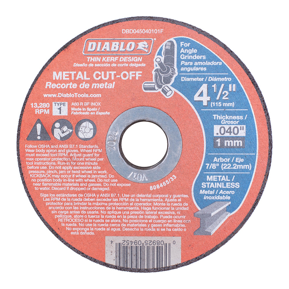 15 Pk of 4 1/2 Inch Metal Cut Off Disc .040 Inch Thick - 7/8 Inch / 22.2mm Arbor