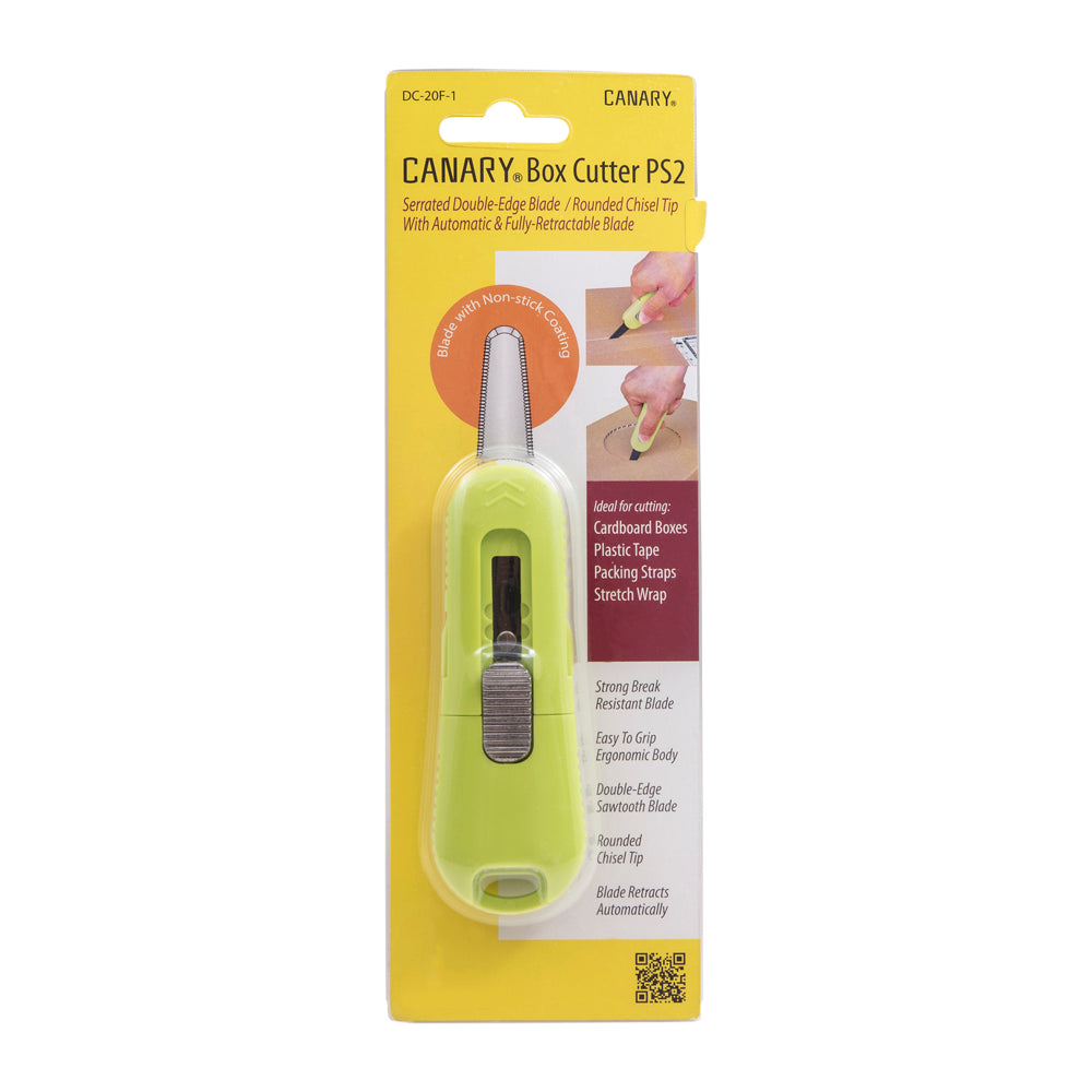 Canary DC-20F PS2 Box Cutter - Retractable Double Edge Utility Knife With Rounded Tip - 1 Inch Serrated Stainless Steel Blade With Teflon Non-Stick Coating
