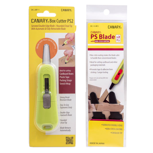 Canary DC-20F PS2 Box Cutter - Retractable Double Edge Utility Knife With Rounded Tip - 1 Inch Serrated Stainless Steel Blade With Teflon Non-Stick Coating With Canary DC-15-BF Replacement Blades