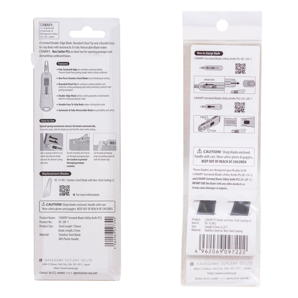 Canary DC-20F PS2 Box Cutter - Retractable Double Edge Utility Knife With Rounded Tip - 1 Inch Serrated Stainless Steel Blade With Teflon Non-Stick Coating With Canary DC-15-BF Replacement Blades