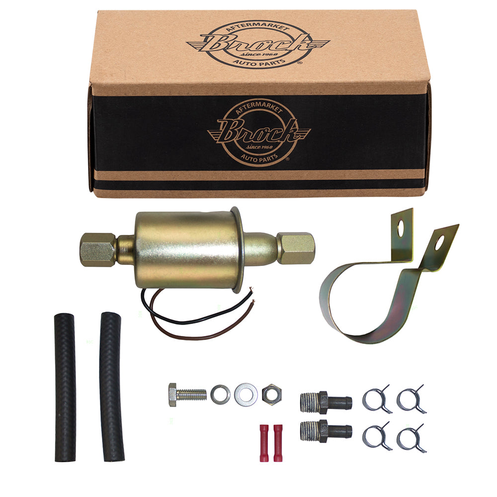 Brock Replacement Universal 12 Volt Electric Fuel Pump w/Installation Kit Inline Type 5-9 PSI 3/8 Inlet & Outlet Compatible with Carbureted Models E8090 SP1141
